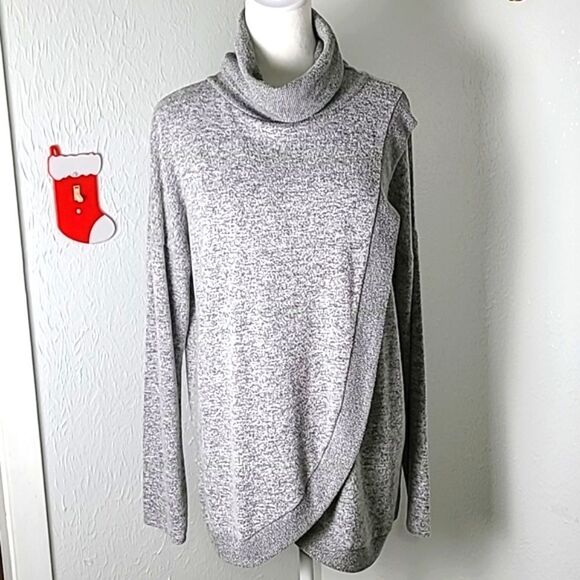 Light Gray Cowl Neck Sweater, Cross-over with a Band Down the Side, Size Medium - Picture 1 of 8
